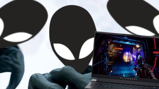 Alienware aliens reaching down for a laptop